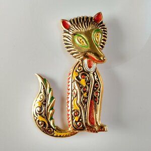 Vintage Fox Spain Gold Tone Pin Brooch 1960s 1950s Damascene Inlaid Metal EUC
